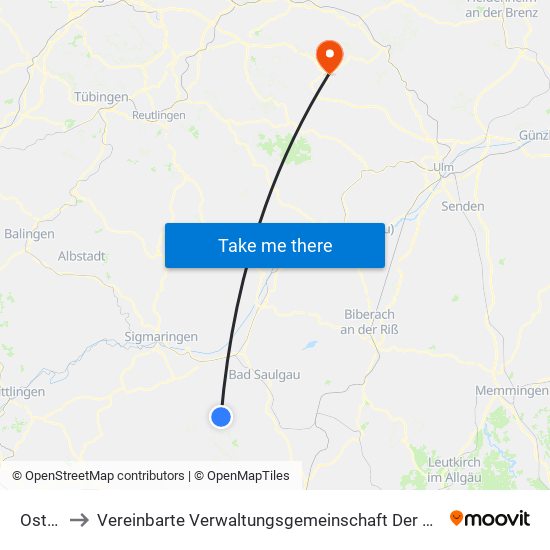 Ostrach to Vereinbarte Verwaltungsgemeinschaft Der Gemeinde Deggingen map