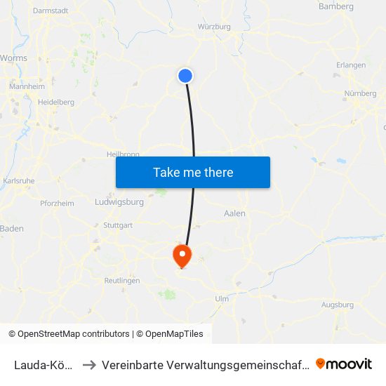 Lauda-Königshofen to Vereinbarte Verwaltungsgemeinschaft Der Gemeinde Deggingen map