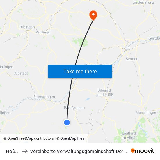 Hoßkirch to Vereinbarte Verwaltungsgemeinschaft Der Gemeinde Deggingen map