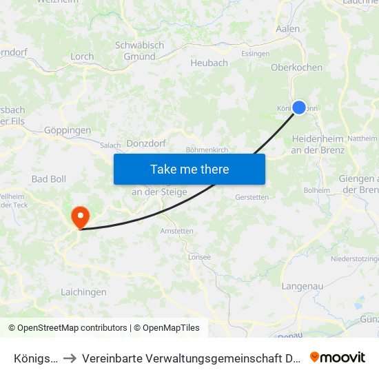 Königsbronn to Vereinbarte Verwaltungsgemeinschaft Der Gemeinde Deggingen map