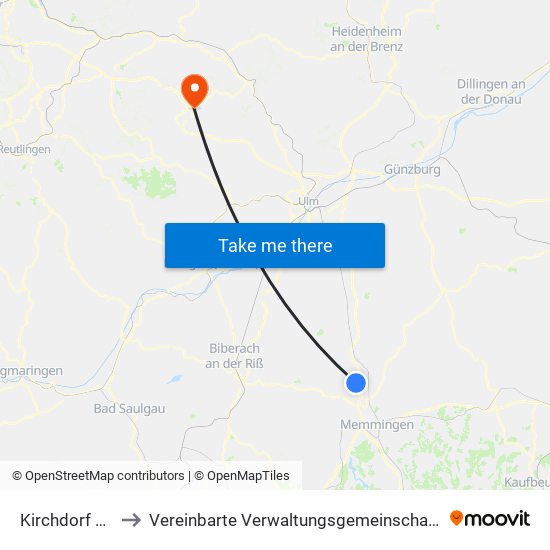 Kirchdorf An Der Iller to Vereinbarte Verwaltungsgemeinschaft Der Gemeinde Deggingen map