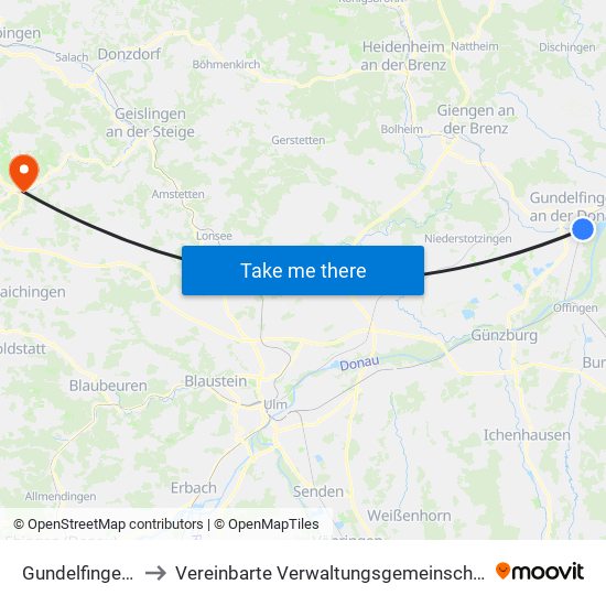 Gundelfingen A.D.Donau to Vereinbarte Verwaltungsgemeinschaft Der Gemeinde Deggingen map