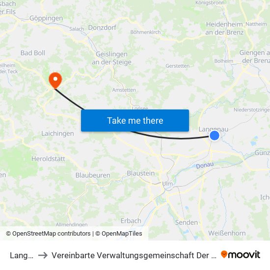 Langenau to Vereinbarte Verwaltungsgemeinschaft Der Gemeinde Deggingen map