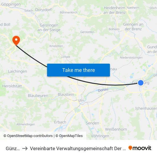Günzburg to Vereinbarte Verwaltungsgemeinschaft Der Gemeinde Deggingen map