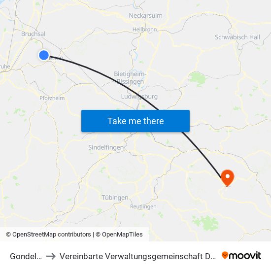 Gondelsheim to Vereinbarte Verwaltungsgemeinschaft Der Gemeinde Deggingen map