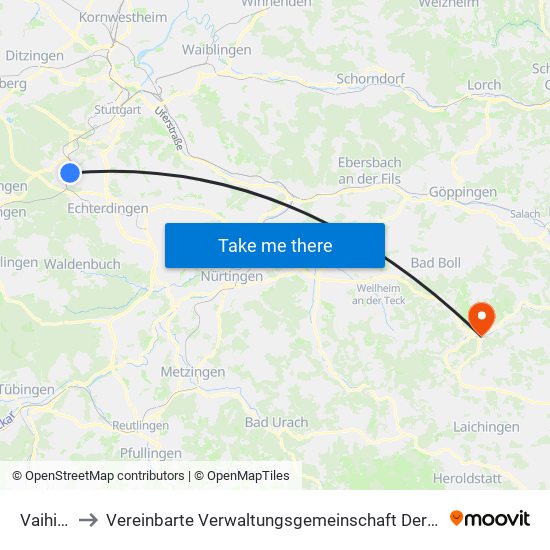 Vaihingen to Vereinbarte Verwaltungsgemeinschaft Der Gemeinde Deggingen map