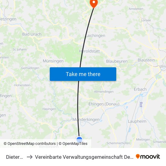 Dieterskirch to Vereinbarte Verwaltungsgemeinschaft Der Gemeinde Deggingen map