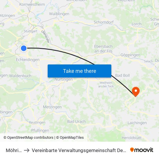 Möhringen to Vereinbarte Verwaltungsgemeinschaft Der Gemeinde Deggingen map