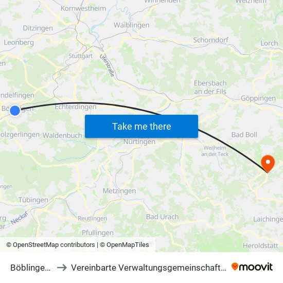 Böblingen (Stadt) to Vereinbarte Verwaltungsgemeinschaft Der Gemeinde Deggingen map