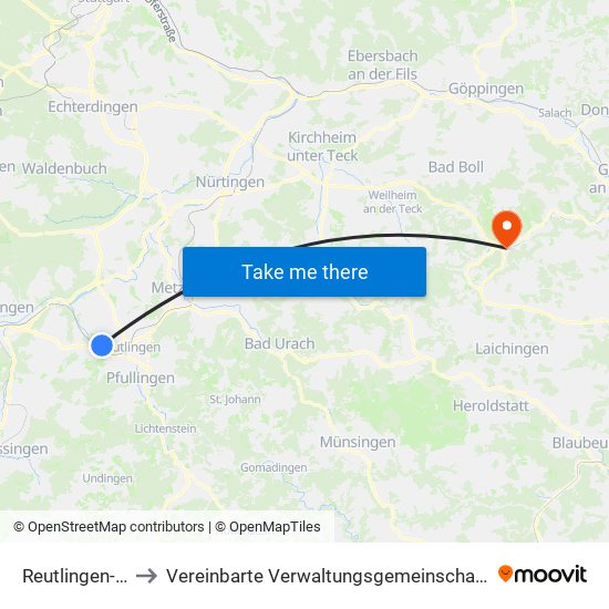 Reutlingen-Betzingen to Vereinbarte Verwaltungsgemeinschaft Der Gemeinde Deggingen map