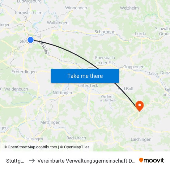 Stuttgart-Ost to Vereinbarte Verwaltungsgemeinschaft Der Gemeinde Deggingen map