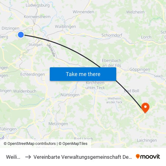 Weilimdorf to Vereinbarte Verwaltungsgemeinschaft Der Gemeinde Deggingen map