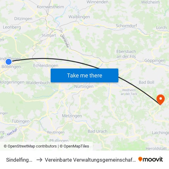 Sindelfingen (Stadt) to Vereinbarte Verwaltungsgemeinschaft Der Gemeinde Deggingen map