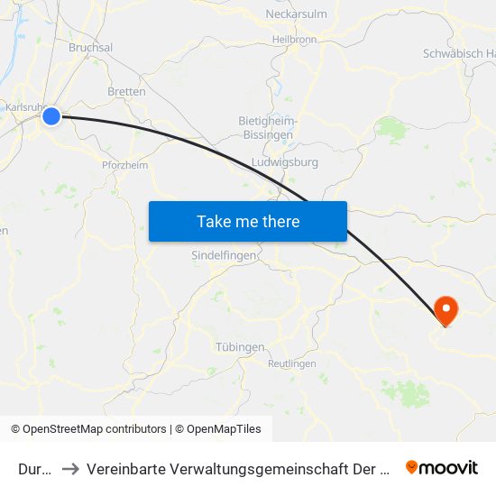 Durlach to Vereinbarte Verwaltungsgemeinschaft Der Gemeinde Deggingen map