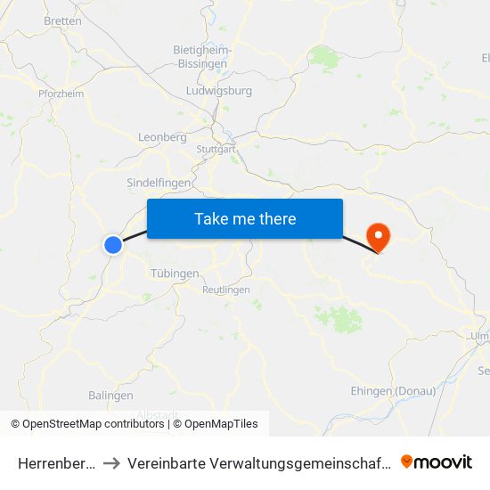 Herrenberg (Stadt) to Vereinbarte Verwaltungsgemeinschaft Der Gemeinde Deggingen map