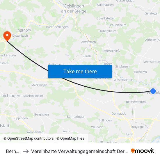 Bernstadt to Vereinbarte Verwaltungsgemeinschaft Der Gemeinde Deggingen map