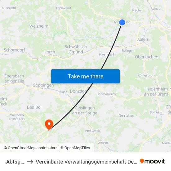 Abtsgmünd to Vereinbarte Verwaltungsgemeinschaft Der Gemeinde Deggingen map