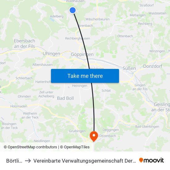 Börtlingen to Vereinbarte Verwaltungsgemeinschaft Der Gemeinde Deggingen map