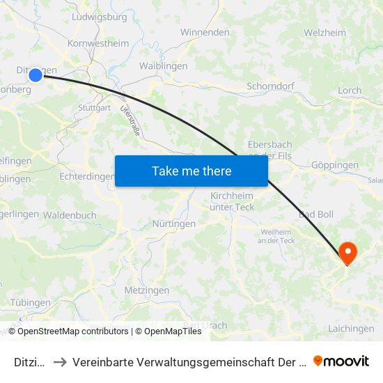 Ditzingen to Vereinbarte Verwaltungsgemeinschaft Der Gemeinde Deggingen map