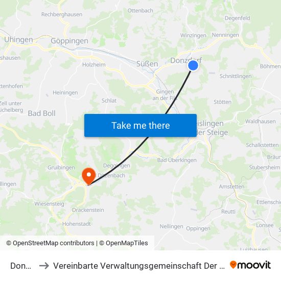 Donzdorf to Vereinbarte Verwaltungsgemeinschaft Der Gemeinde Deggingen map