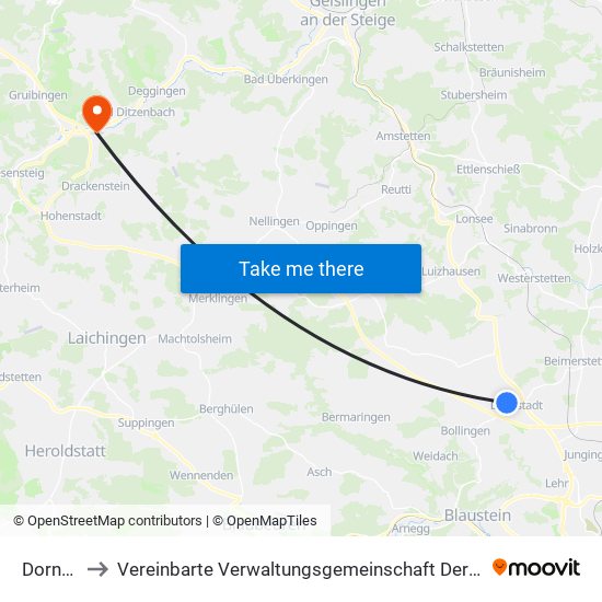Dornstadt to Vereinbarte Verwaltungsgemeinschaft Der Gemeinde Deggingen map