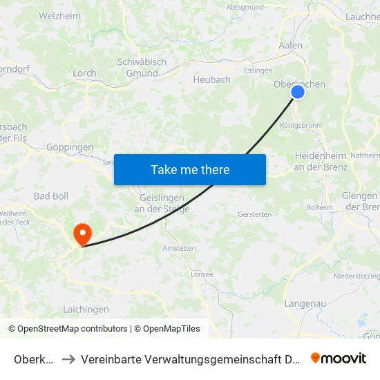 Oberkochen to Vereinbarte Verwaltungsgemeinschaft Der Gemeinde Deggingen map