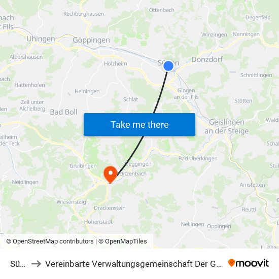 Süßen to Vereinbarte Verwaltungsgemeinschaft Der Gemeinde Deggingen map