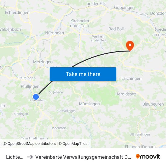 Lichtenstein to Vereinbarte Verwaltungsgemeinschaft Der Gemeinde Deggingen map