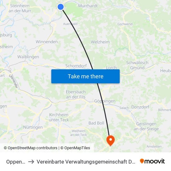 Oppenweiler to Vereinbarte Verwaltungsgemeinschaft Der Gemeinde Deggingen map