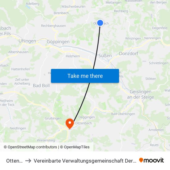 Ottenbach to Vereinbarte Verwaltungsgemeinschaft Der Gemeinde Deggingen map