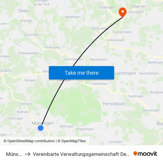 Münsingen to Vereinbarte Verwaltungsgemeinschaft Der Gemeinde Deggingen map