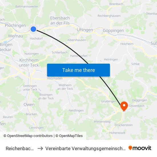 Reichenbach An Der Fils to Vereinbarte Verwaltungsgemeinschaft Der Gemeinde Deggingen map