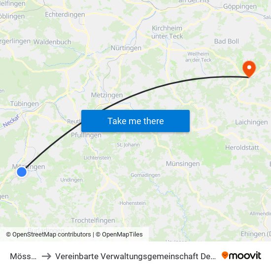 Mössingen to Vereinbarte Verwaltungsgemeinschaft Der Gemeinde Deggingen map