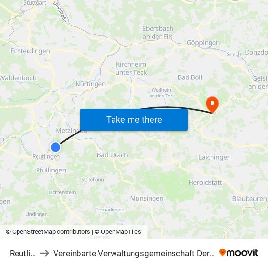 Reutlingen to Vereinbarte Verwaltungsgemeinschaft Der Gemeinde Deggingen map