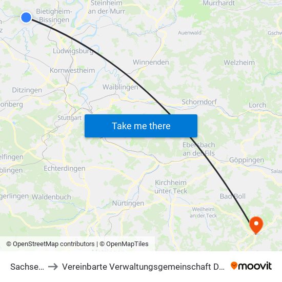 Sachsenheim to Vereinbarte Verwaltungsgemeinschaft Der Gemeinde Deggingen map