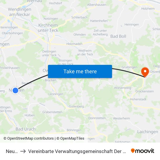 Neuffen to Vereinbarte Verwaltungsgemeinschaft Der Gemeinde Deggingen map