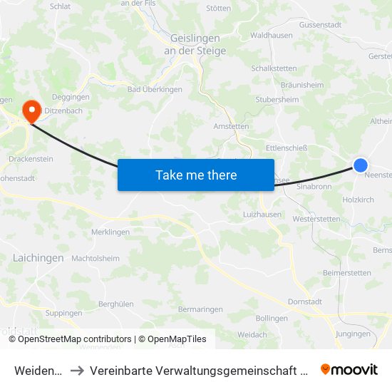 Weidenstetten to Vereinbarte Verwaltungsgemeinschaft Der Gemeinde Deggingen map