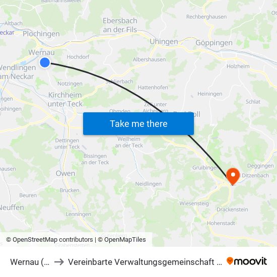 Wernau (Neckar) to Vereinbarte Verwaltungsgemeinschaft Der Gemeinde Deggingen map