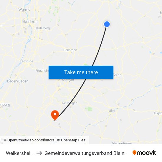 Weikersheim to Gemeindeverwaltungsverband Bisingen map