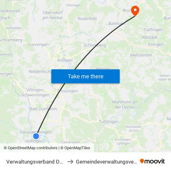 Verwaltungsverband Donaueschingen to Gemeindeverwaltungsverband Bisingen map