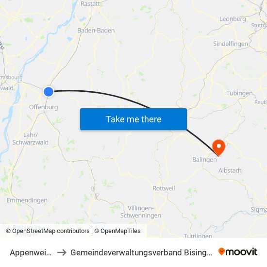 Appenweier to Gemeindeverwaltungsverband Bisingen map