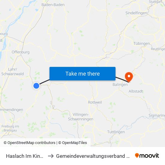 Haslach Im Kinzigtal to Gemeindeverwaltungsverband Bisingen map