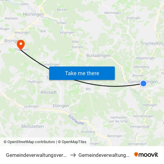 Gemeindeverwaltungsverband Gammertingen to Gemeindeverwaltungsverband Bisingen map