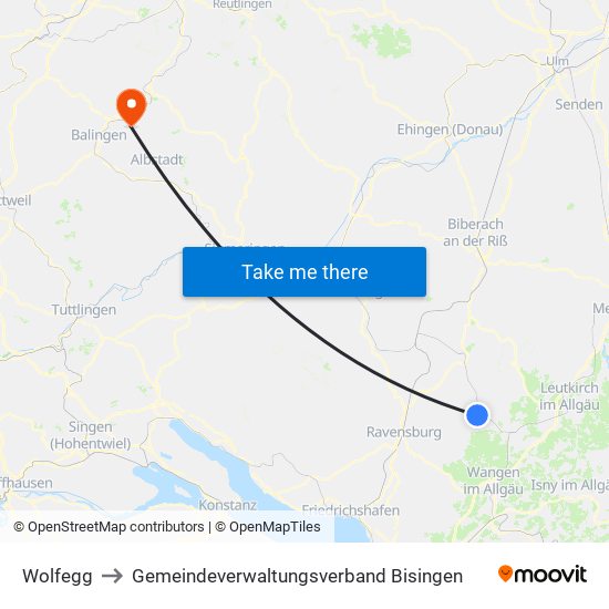 Wolfegg to Gemeindeverwaltungsverband Bisingen map