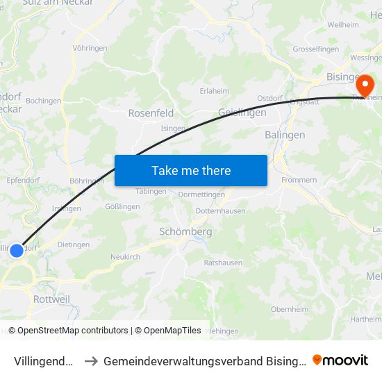 Villingendorf to Gemeindeverwaltungsverband Bisingen map