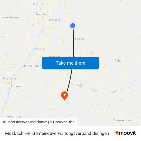 Mosbach to Gemeindeverwaltungsverband Bisingen map