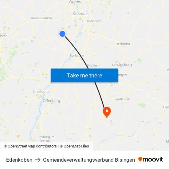 Edenkoben to Gemeindeverwaltungsverband Bisingen map