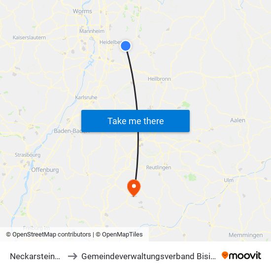Neckarsteinach to Gemeindeverwaltungsverband Bisingen map