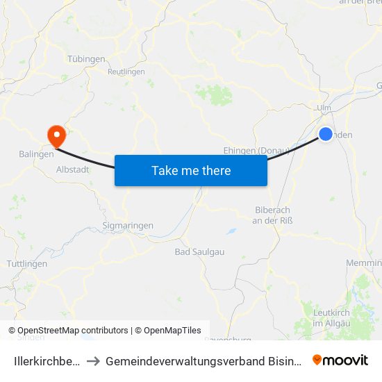 Illerkirchberg to Gemeindeverwaltungsverband Bisingen map