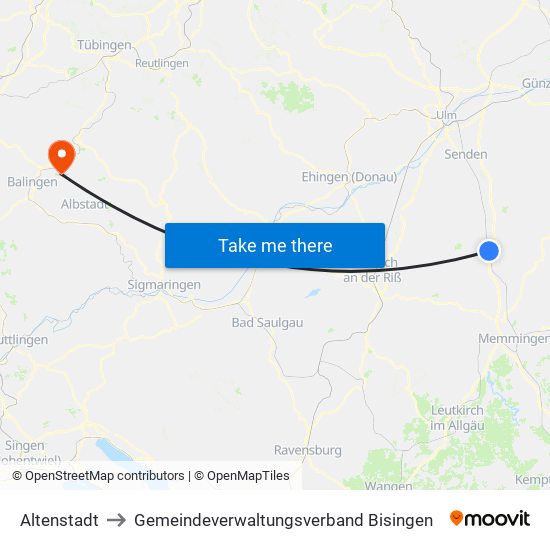 Altenstadt to Gemeindeverwaltungsverband Bisingen map